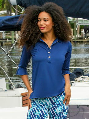 Mira Flounce Sleeve Polo Top Navy