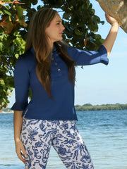 Mira Flounce Sleeve Polo Top Navy