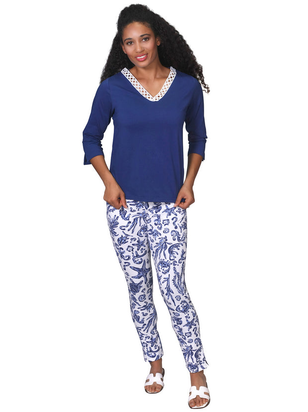 Niki Lace Trimmed Top Navy