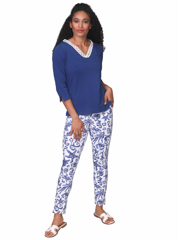 Niki Lace Trimmed Top Navy