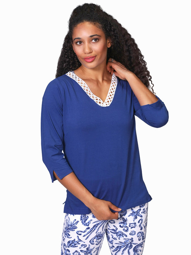 Niki Lace Trimmed Top Navy